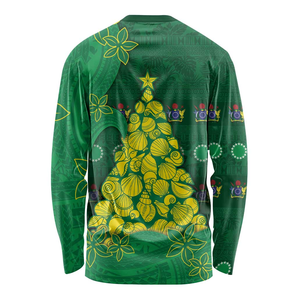 Cook Islands Christmas Long Sleeve Shirt Seashell Xmas Tree Tribal Waves - Polynesian Pride