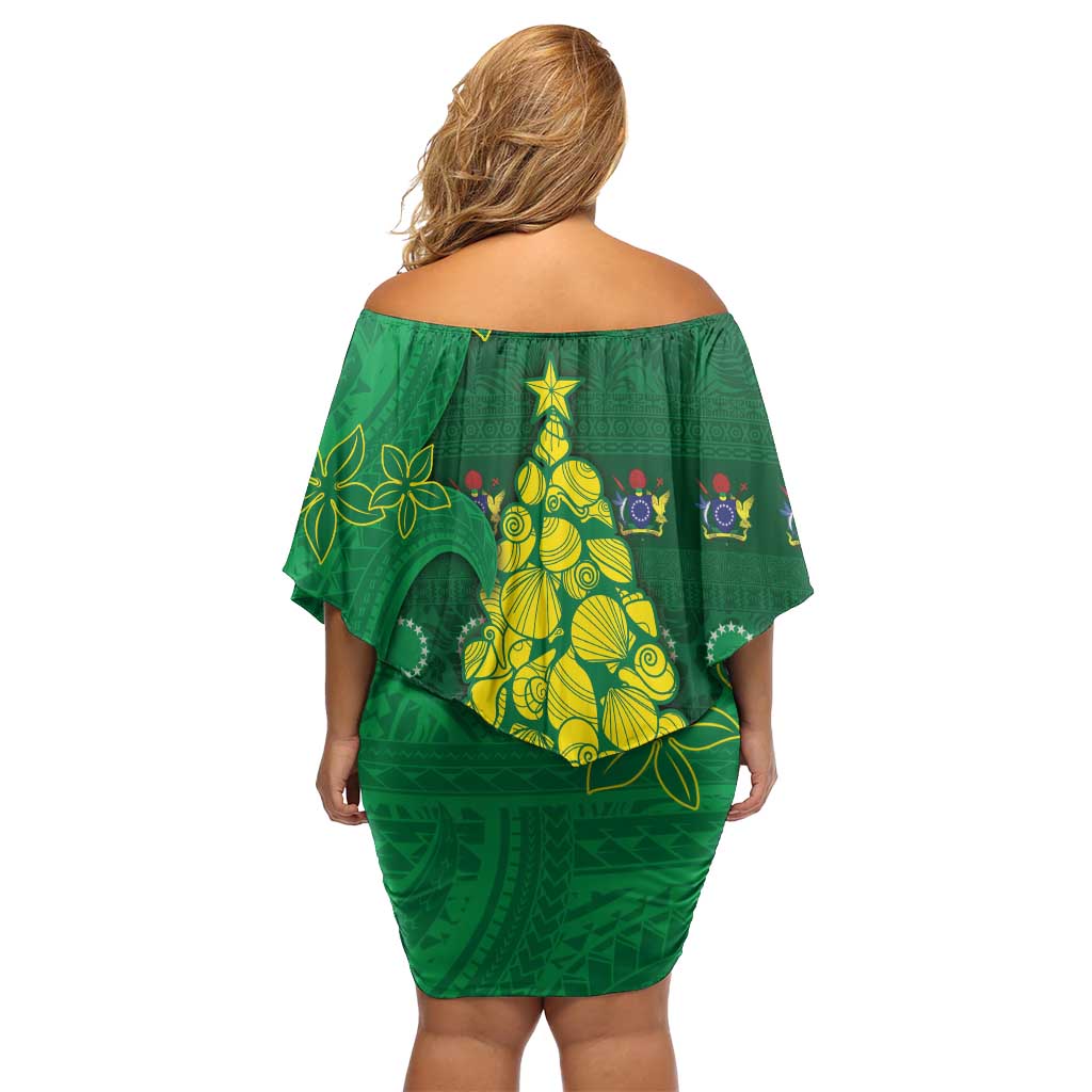 Cook Islands Christmas Off Shoulder Short Dress Seashell Xmas Tree Tribal Waves - Polynesian Pride