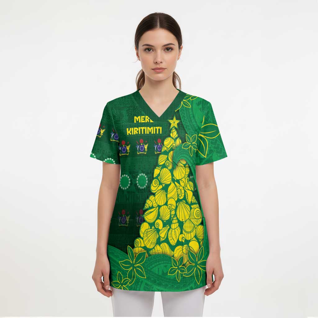 Cook Islands Christmas Scrub Top Seashell Xmas Tree Tribal Waves - Polynesian Pride