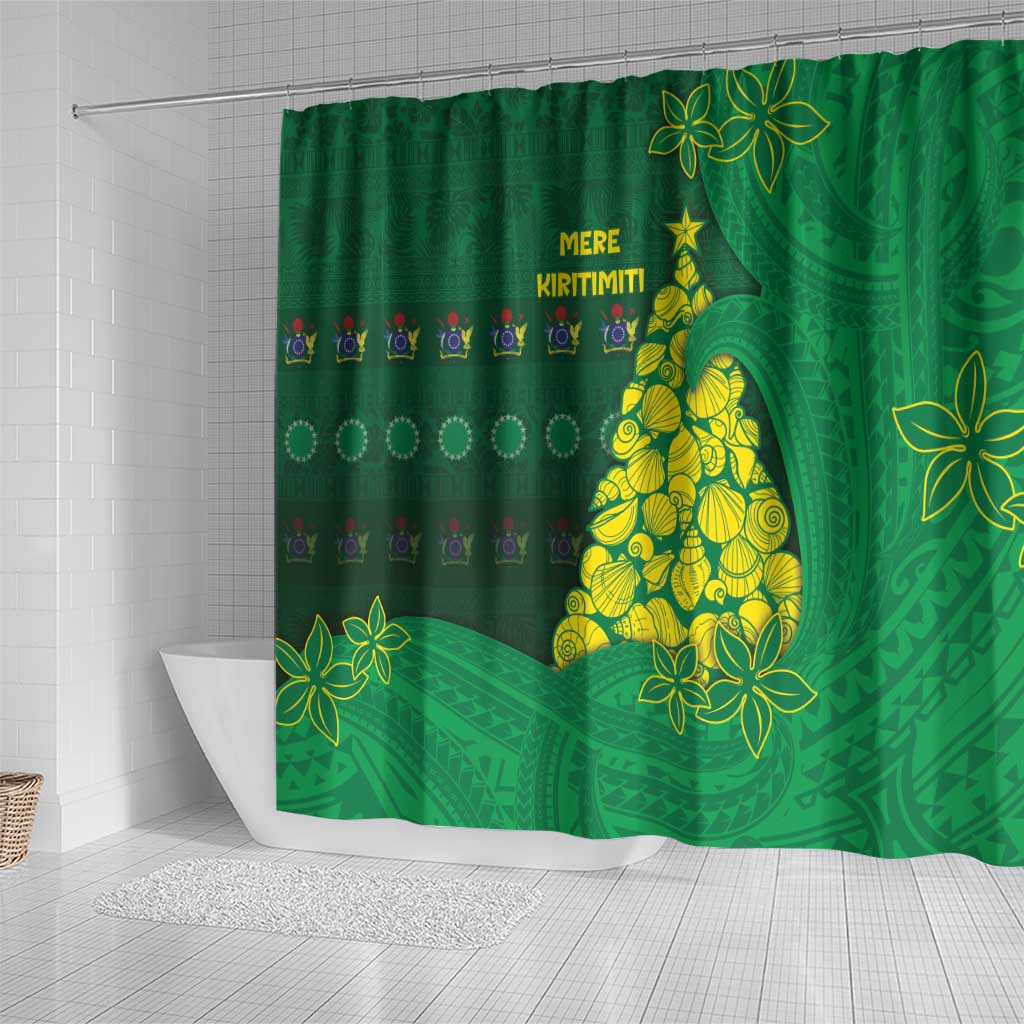 Cook Islands Christmas Shower Curtain Seashell Xmas Tree Tribal Waves - Polynesian Pride