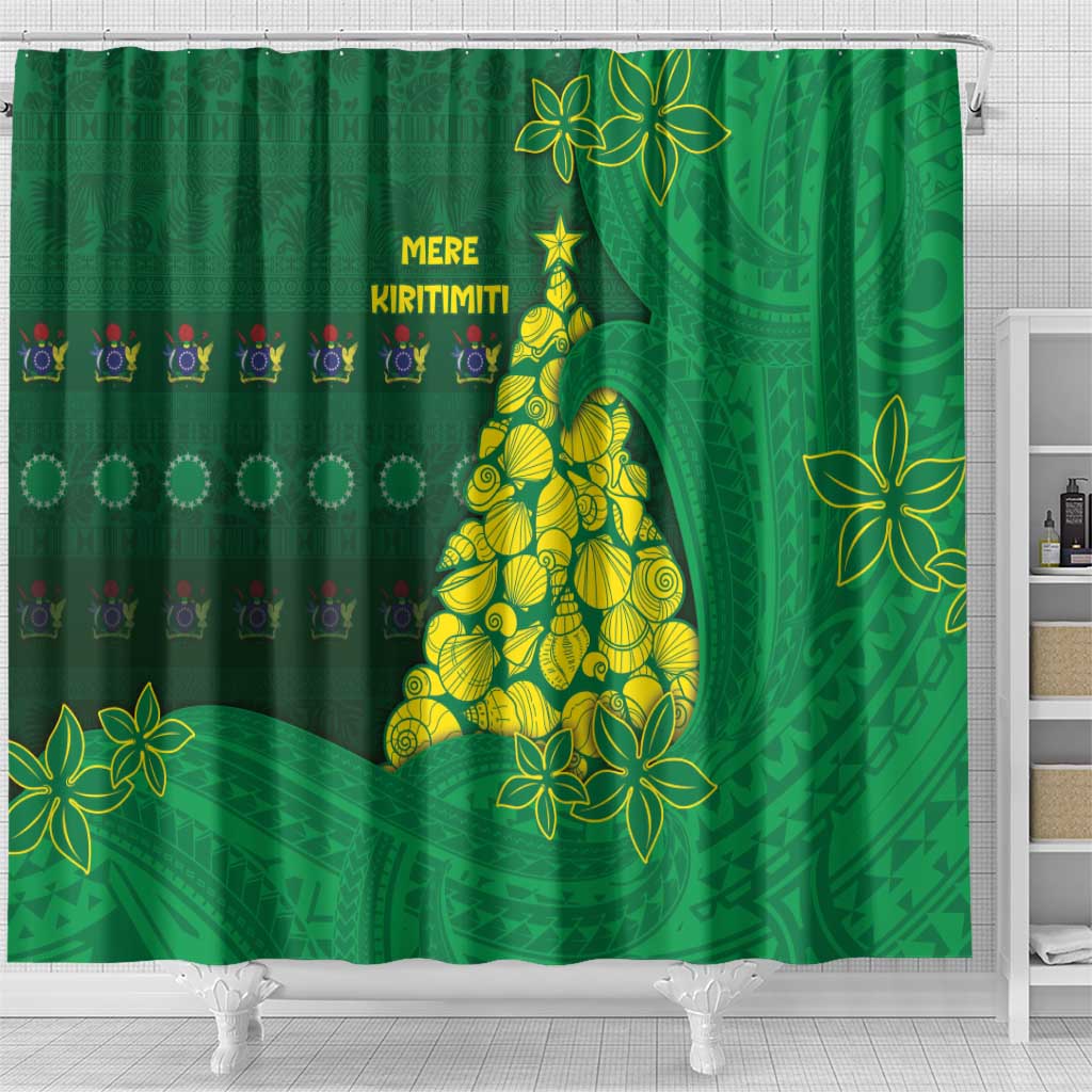 Cook Islands Christmas Shower Curtain Seashell Xmas Tree Tribal Waves - Polynesian Pride