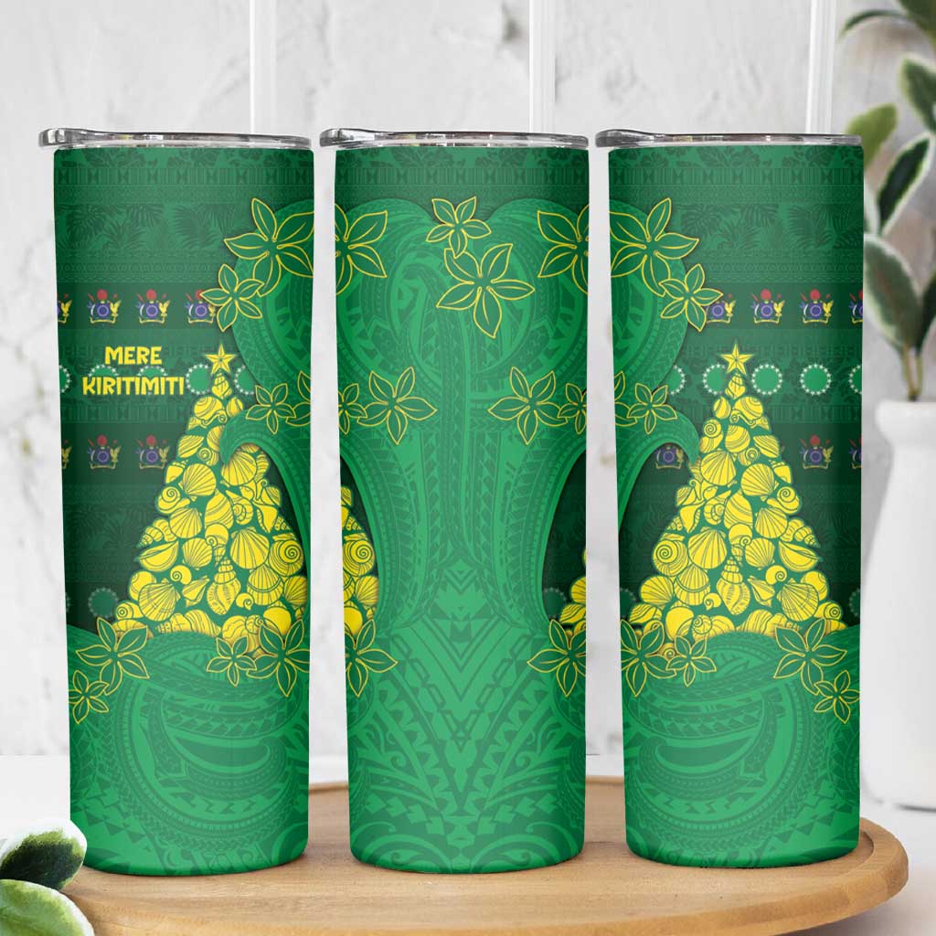 Cook Islands Christmas Skinny Tumbler Seashell Xmas Tree Tribal Waves - Polynesian Pride