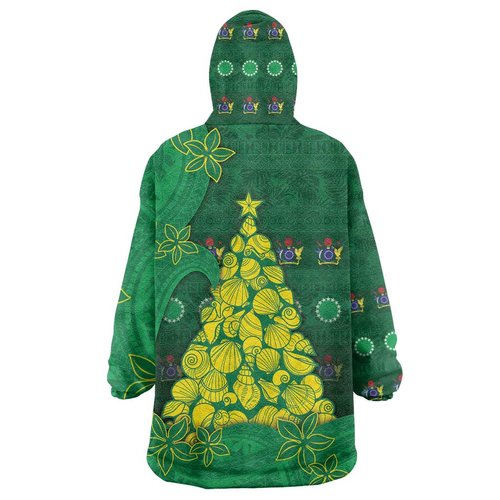 Cook Islands Christmas Wearable Blanket Hoodie Seashell Xmas Tree Tribal Waves - Polynesian Pride