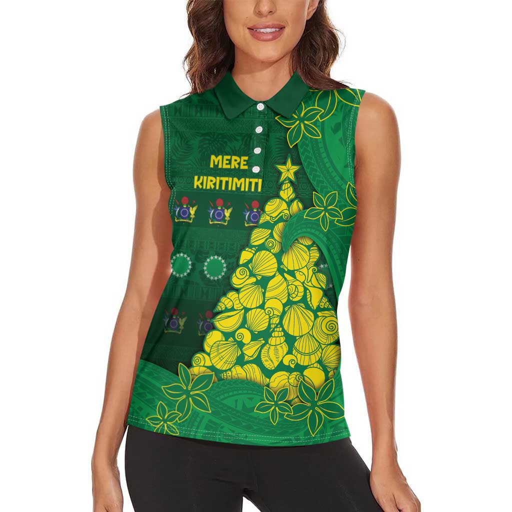 Cook Islands Christmas Women Sleeveless Polo Shirt Seashell Xmas Tree Tribal Waves - Polynesian Pride