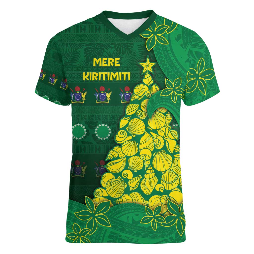 Cook Islands Christmas Women V-Neck T-Shirt Seashell Xmas Tree Tribal Waves - Polynesian Pride