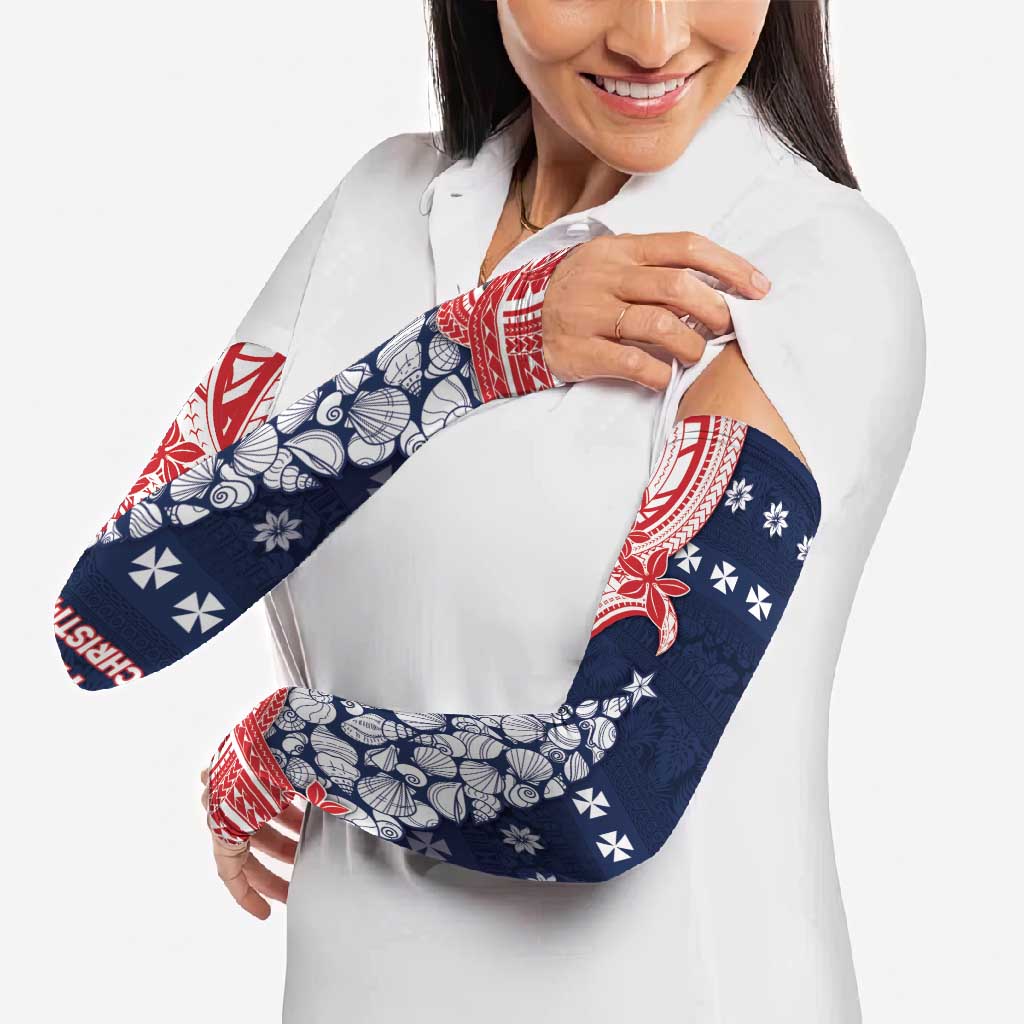 Wallis And Futuna Christmas Arm Sleeves Seashell Xmas Tree Tribal Waves - Polynesian Pride