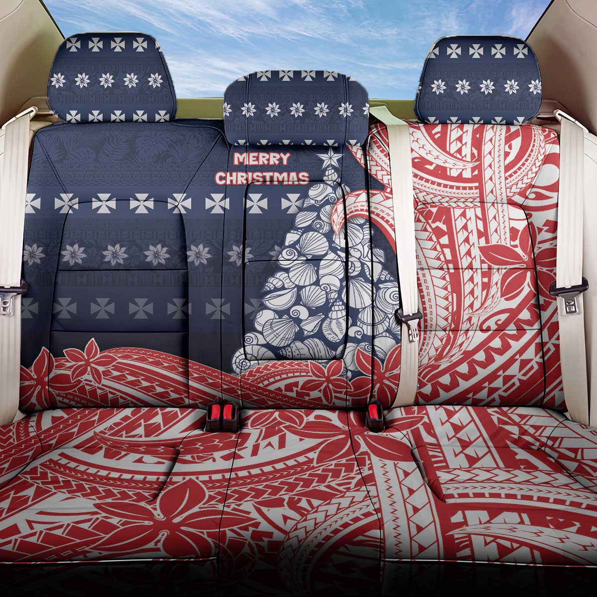 Wallis And Futuna Christmas Back Car Seat Cover Seashell Xmas Tree Tribal Waves - Polynesian Pride