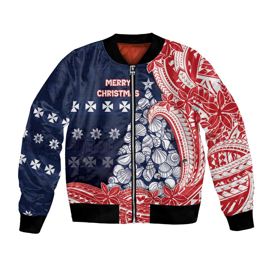 Wallis And Futuna Christmas Bomber Jacket Seashell Xmas Tree Tribal Waves - Polynesian Pride