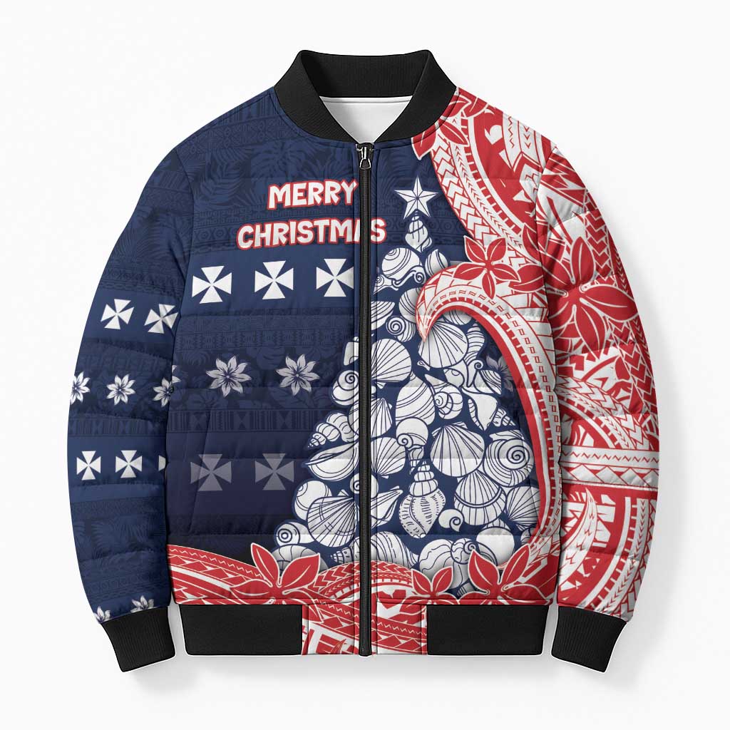 Wallis And Futuna Christmas Bomber Puffer Jacket Seashell Xmas Tree Tribal Waves - Polynesian Pride