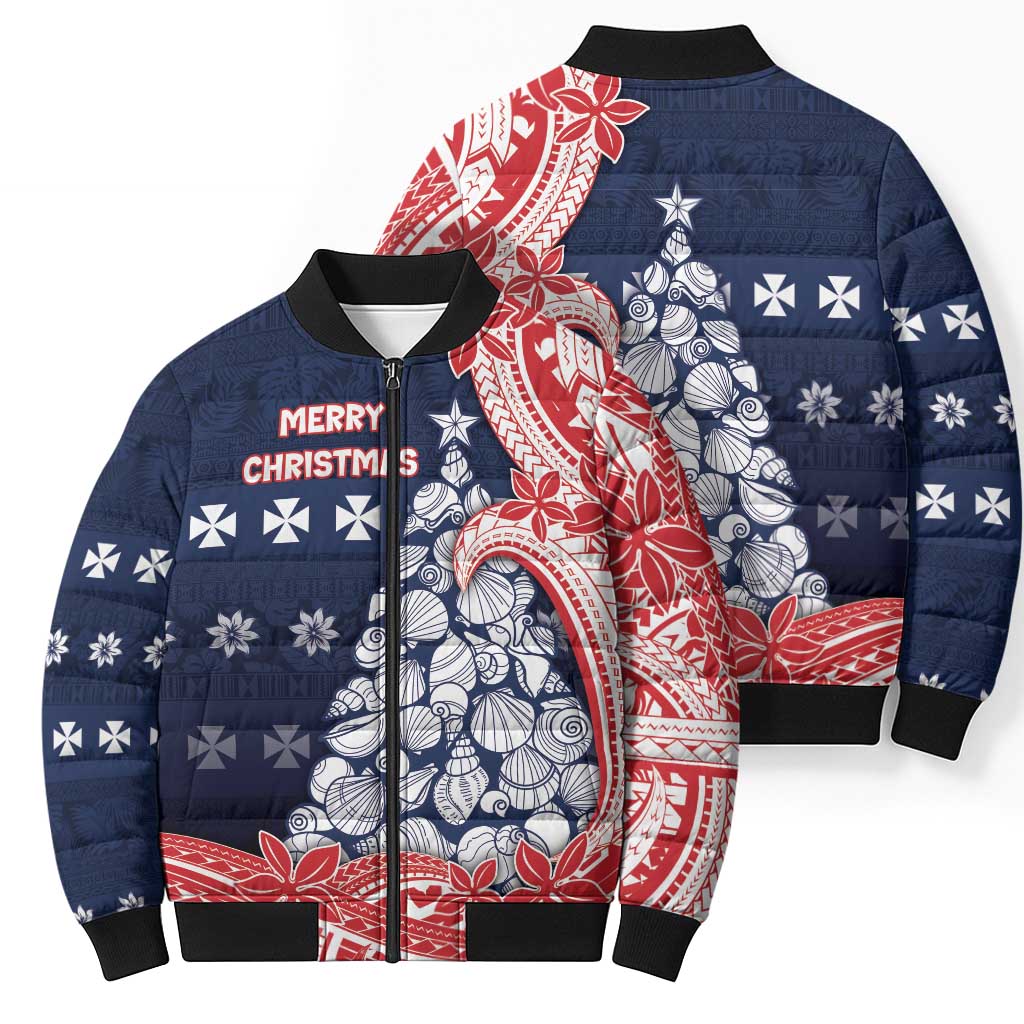 Wallis And Futuna Christmas Bomber Puffer Jacket Seashell Xmas Tree Tribal Waves - Polynesian Pride