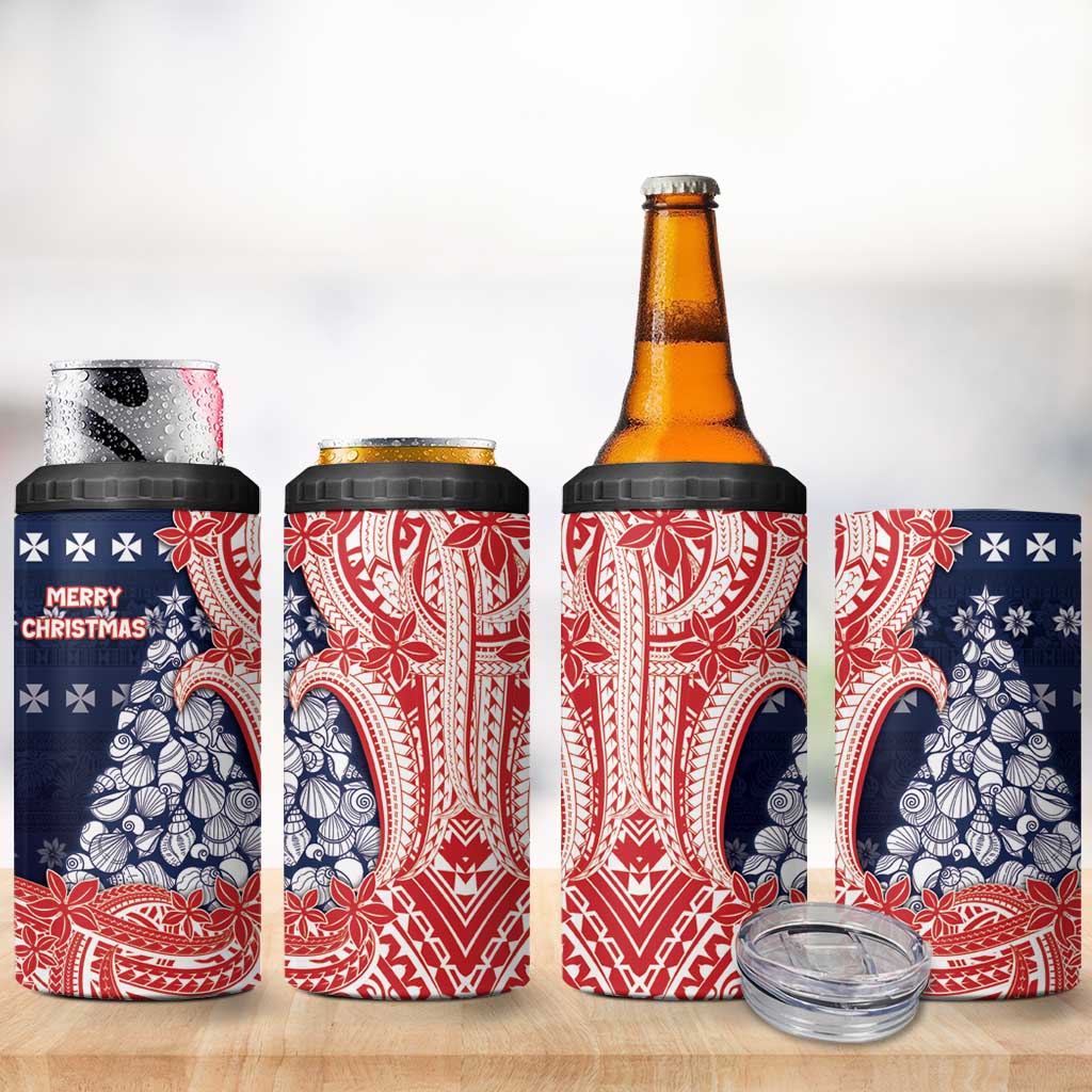 Wallis And Futuna Christmas 4 in 1 Can Cooler Tumbler Seashell Xmas Tree Tribal Waves - Polynesian Pride