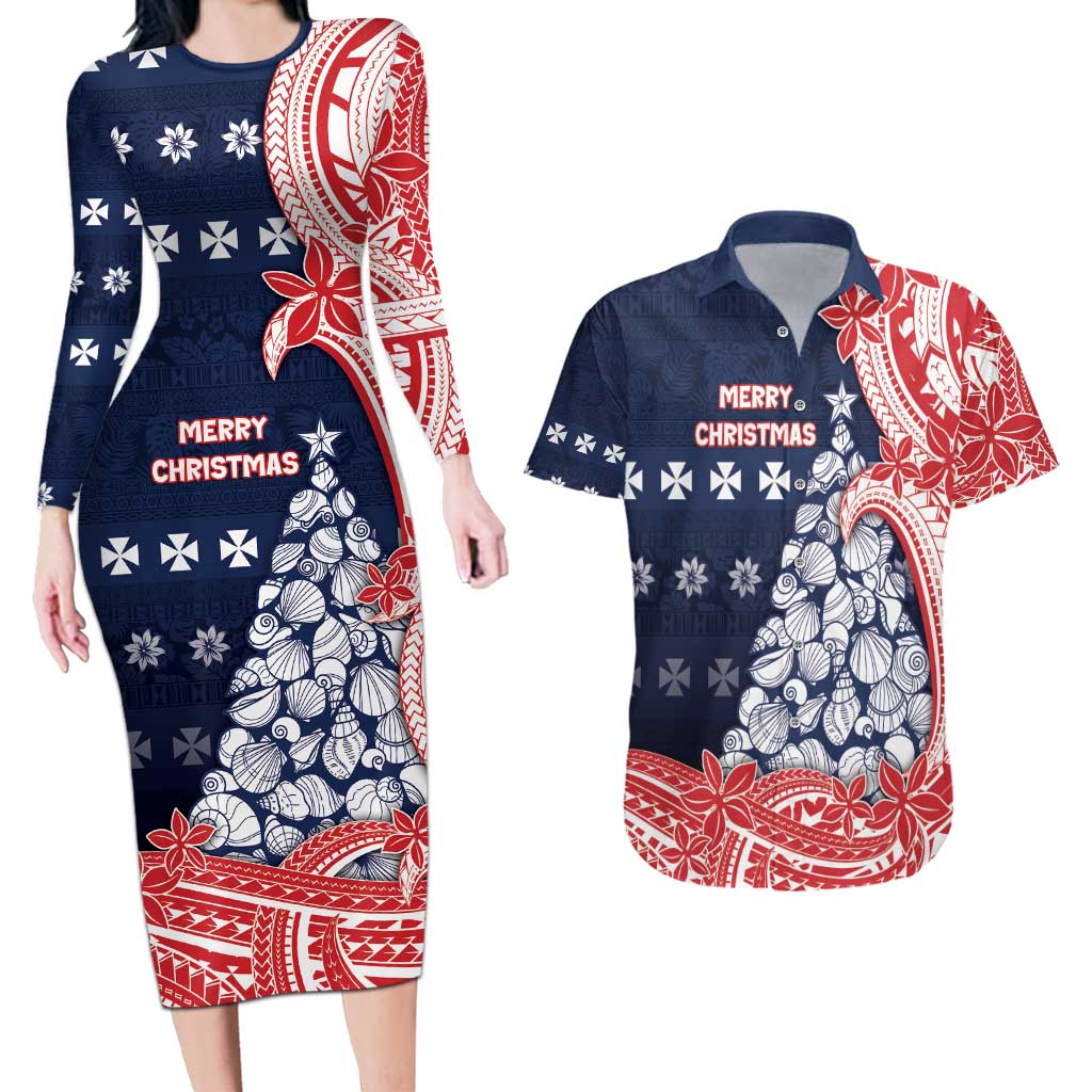 Wallis And Futuna Christmas Couples Matching Long Sleeve Bodycon Dress and Hawaiian Shirt Seashell Xmas Tree Tribal Waves - Polynesian Pride