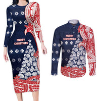 Wallis And Futuna Christmas Couples Matching Long Sleeve Bodycon Dress and Long Sleeve Button Shirt Seashell Xmas Tree Tribal Waves - Polynesian Pride