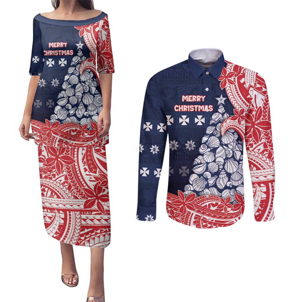 Wallis And Futuna Christmas Couples Matching Puletasi and Long Sleeve Button Shirt Seashell Xmas Tree Tribal Waves - Polynesian Pride