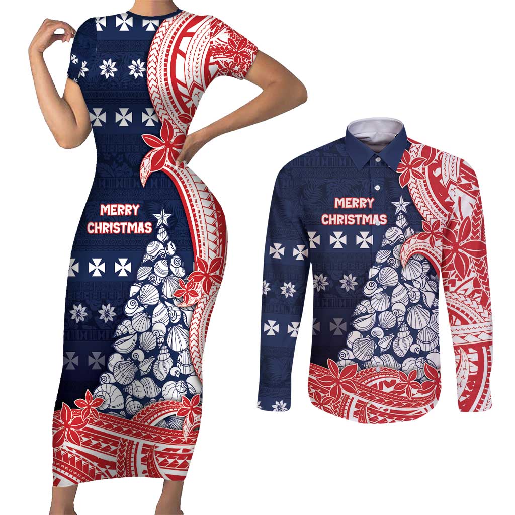 Wallis And Futuna Christmas Couples Matching Short Sleeve Bodycon Dress and Long Sleeve Button Shirt Seashell Xmas Tree Tribal Waves - Polynesian Pride