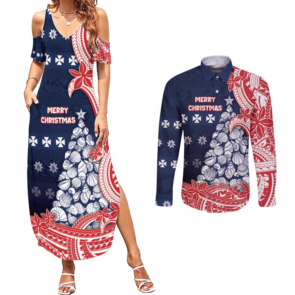Wallis And Futuna Christmas Couples Matching Summer Maxi Dress and Long Sleeve Button Shirt Seashell Xmas Tree Tribal Waves - Polynesian Pride