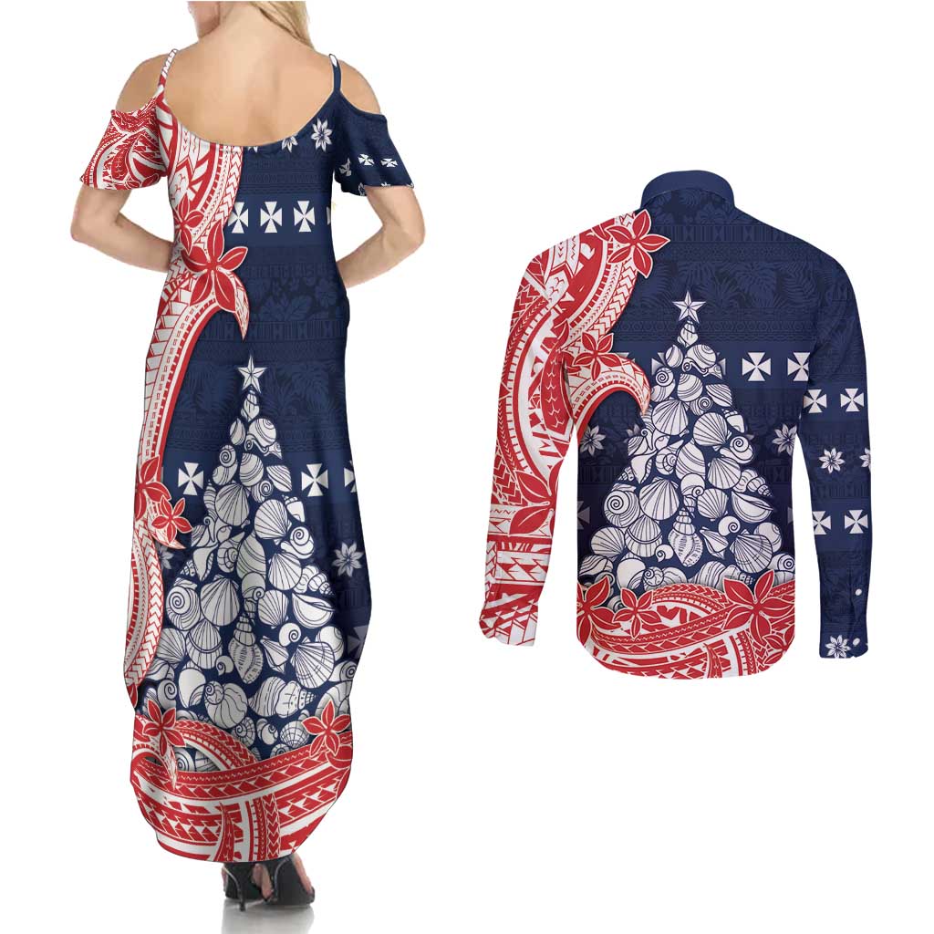 Wallis And Futuna Christmas Couples Matching Summer Maxi Dress and Long Sleeve Button Shirt Seashell Xmas Tree Tribal Waves - Polynesian Pride