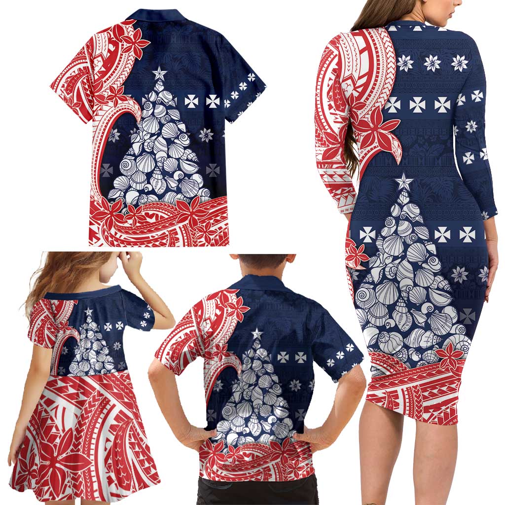 Wallis And Futuna Christmas Family Matching Long Sleeve Bodycon Dress and Hawaiian Shirt Seashell Xmas Tree Tribal Waves - Polynesian Pride