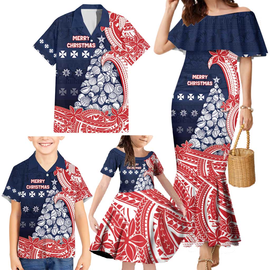 Wallis And Futuna Christmas Family Matching Mermaid Dress and Hawaiian Shirt Seashell Xmas Tree Tribal Waves - Polynesian Pride