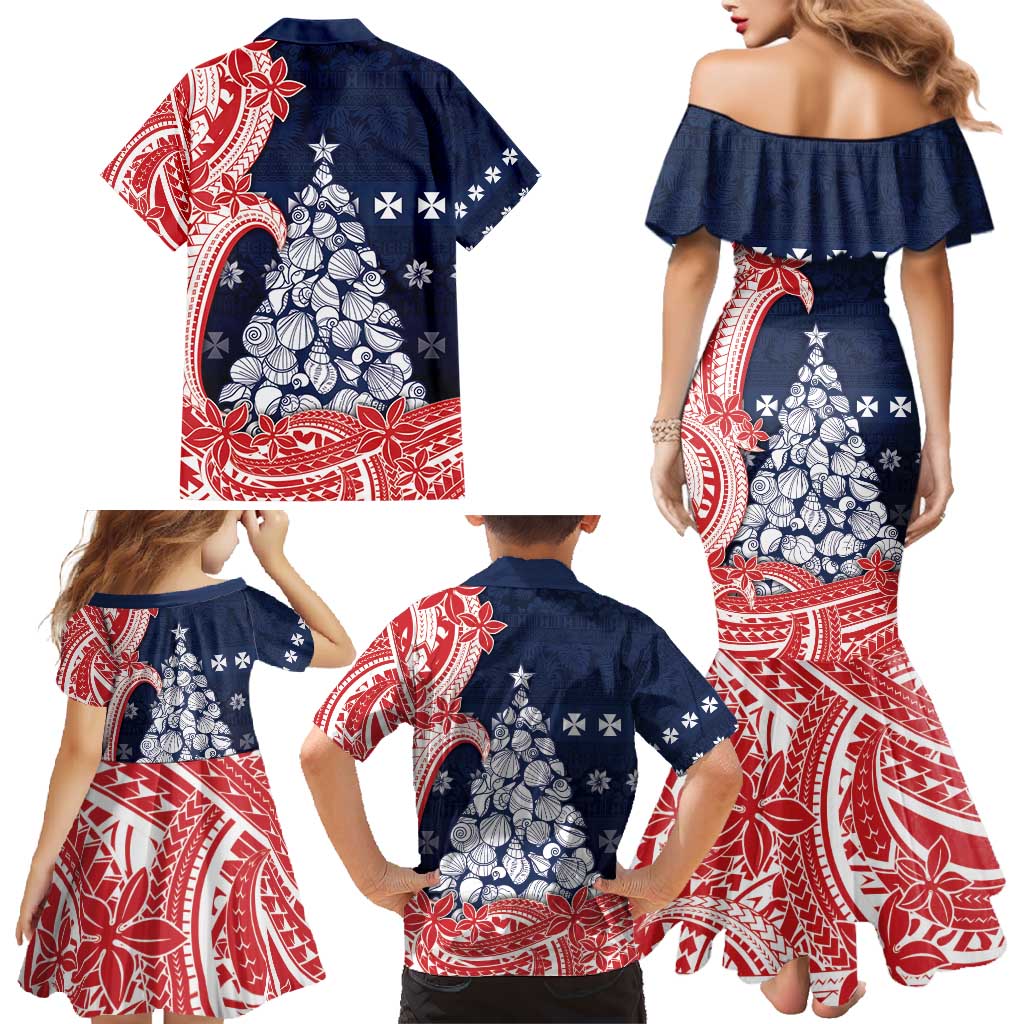 Wallis And Futuna Christmas Family Matching Mermaid Dress and Hawaiian Shirt Seashell Xmas Tree Tribal Waves - Polynesian Pride