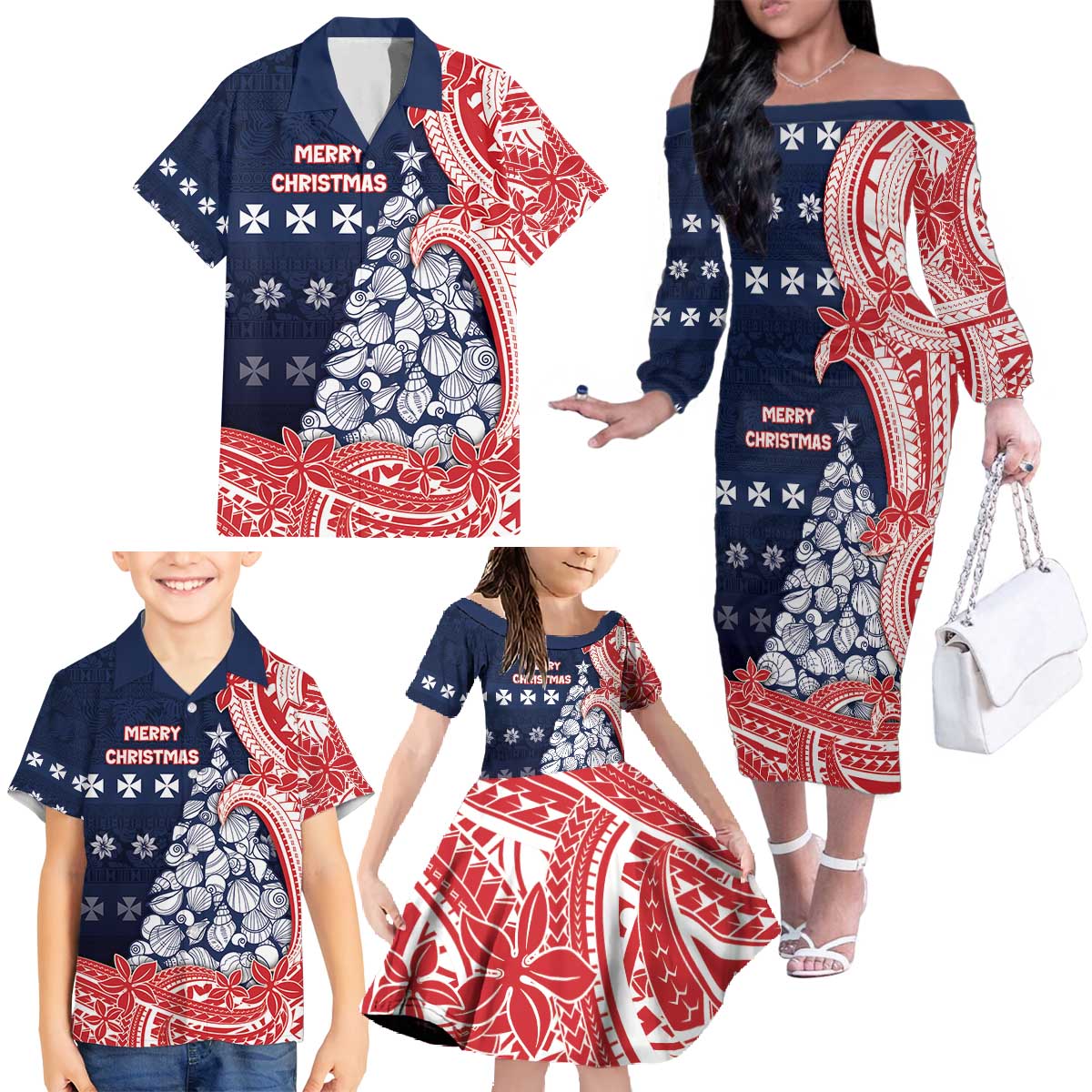 Wallis And Futuna Christmas Family Matching Off The Shoulder Long Sleeve Dress and Hawaiian Shirt Seashell Xmas Tree Tribal Waves - Polynesian Pride