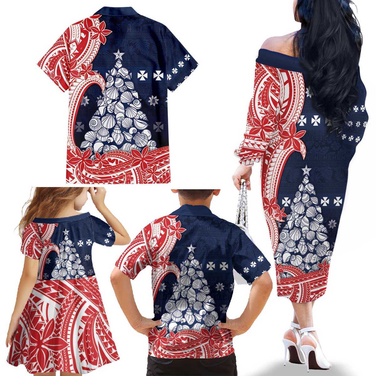 Wallis And Futuna Christmas Family Matching Off The Shoulder Long Sleeve Dress and Hawaiian Shirt Seashell Xmas Tree Tribal Waves - Polynesian Pride