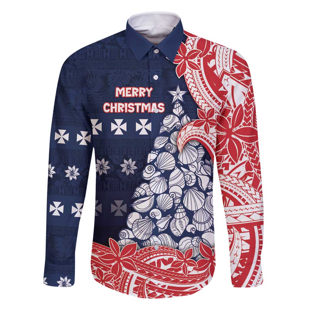 Wallis And Futuna Christmas Family Matching Off Shoulder Maxi Dress and Hawaiian Shirt Seashell Xmas Tree Tribal Waves - Polynesian Pride