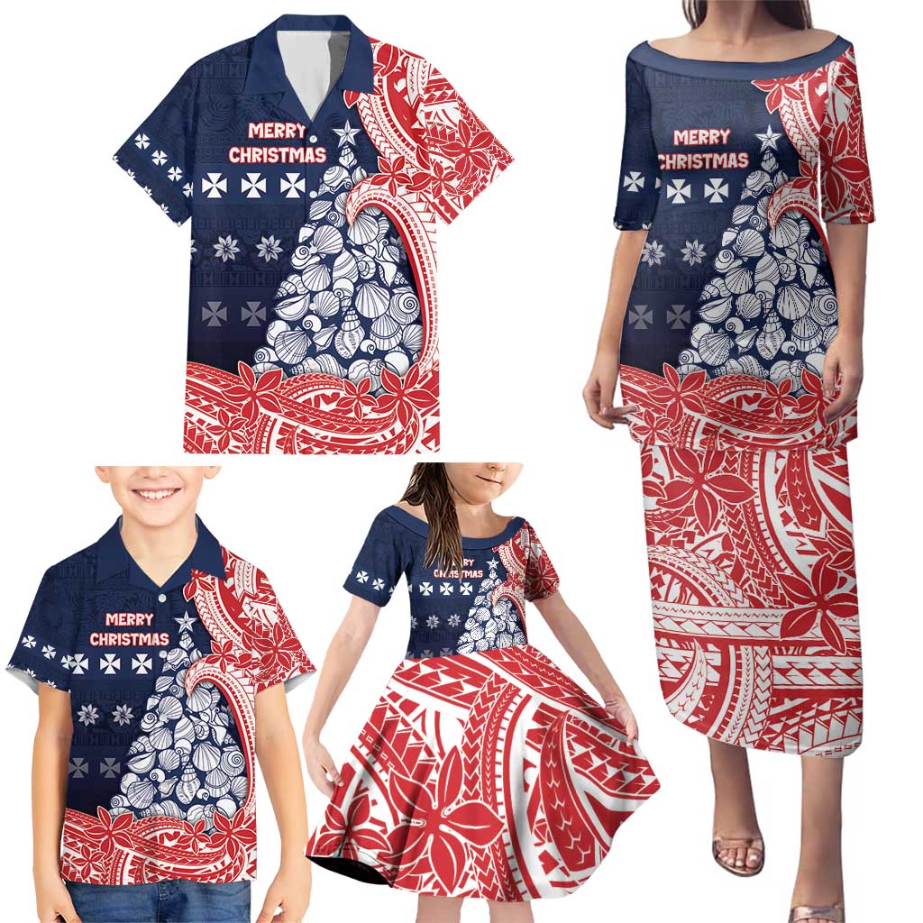 Wallis And Futuna Christmas Family Matching Puletasi and Hawaiian Shirt Seashell Xmas Tree Tribal Waves - Polynesian Pride