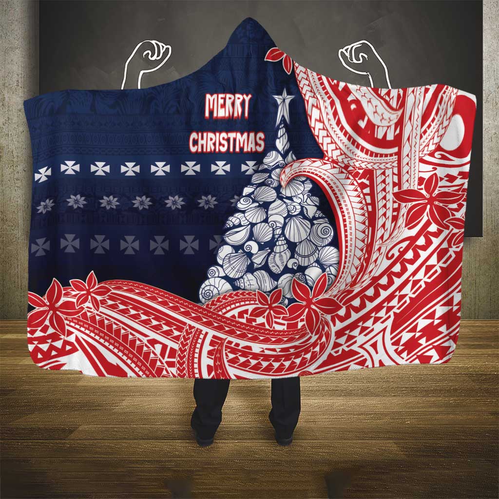 Wallis And Futuna Christmas Hooded Blanket Seashell Xmas Tree Tribal Waves - Polynesian Pride