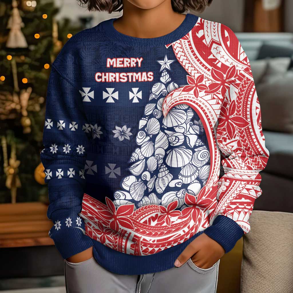 Wallis And Futuna Christmas Kid Ugly Christmas Sweater Seashell Xmas Tree Tribal Waves - Polynesian Pride