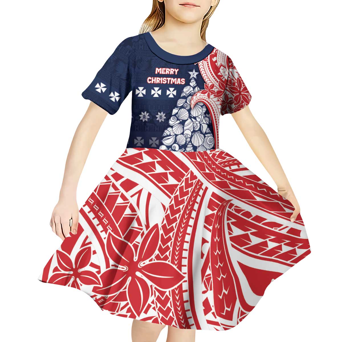 Wallis And Futuna Christmas Kid Short Sleeve Dress Seashell Xmas Tree Tribal Waves - Polynesian Pride