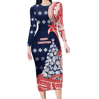 Wallis And Futuna Christmas Long Sleeve Bodycon Dress Seashell Xmas Tree Tribal Waves - Polynesian Pride