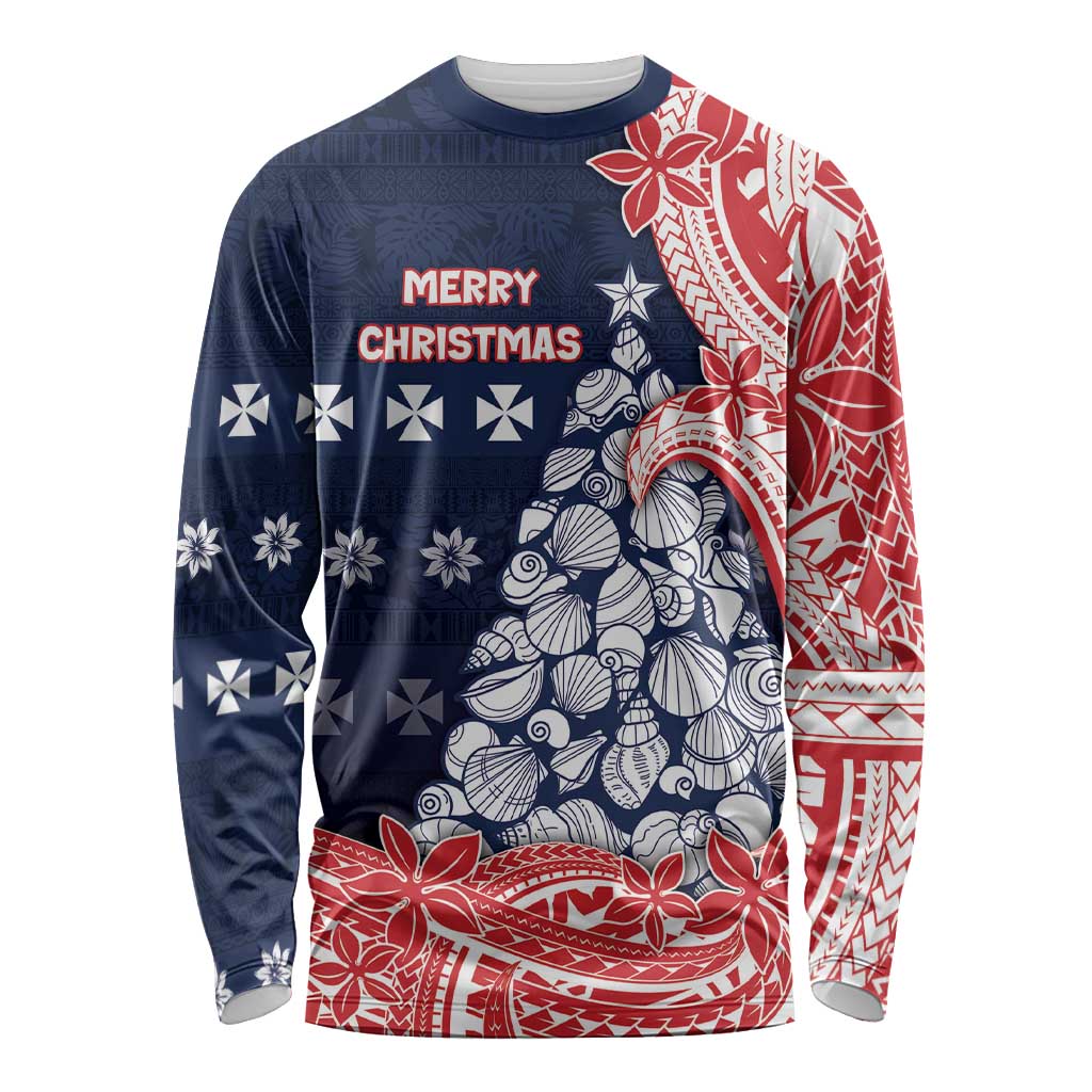 Wallis And Futuna Christmas Long Sleeve Shirt Seashell Xmas Tree Tribal Waves - Polynesian Pride