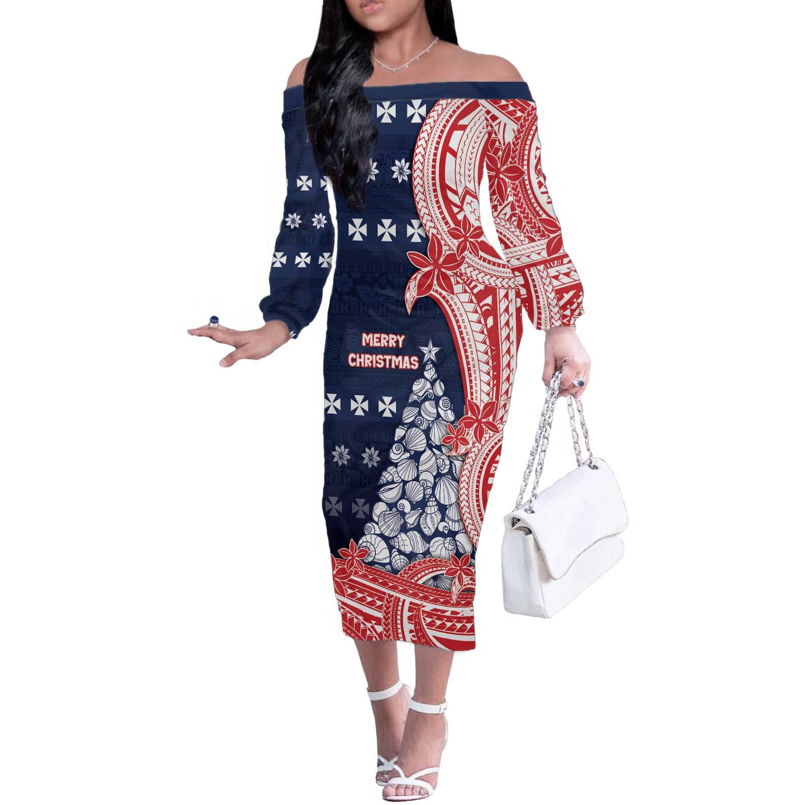 Wallis And Futuna Christmas Off The Shoulder Long Sleeve Dress Seashell Xmas Tree Tribal Waves - Polynesian Pride