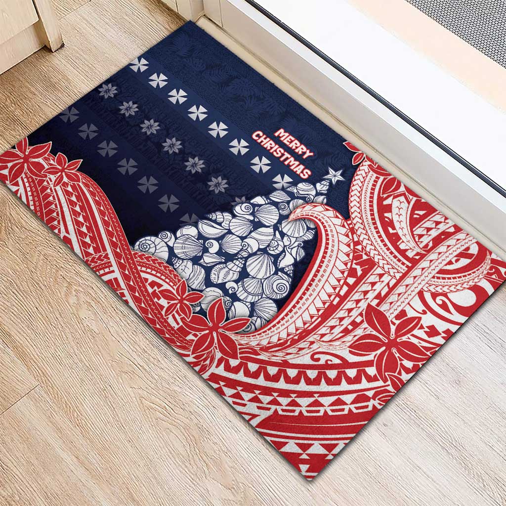 Wallis And Futuna Christmas Rubber Doormat Seashell Xmas Tree Tribal Waves - Polynesian Pride