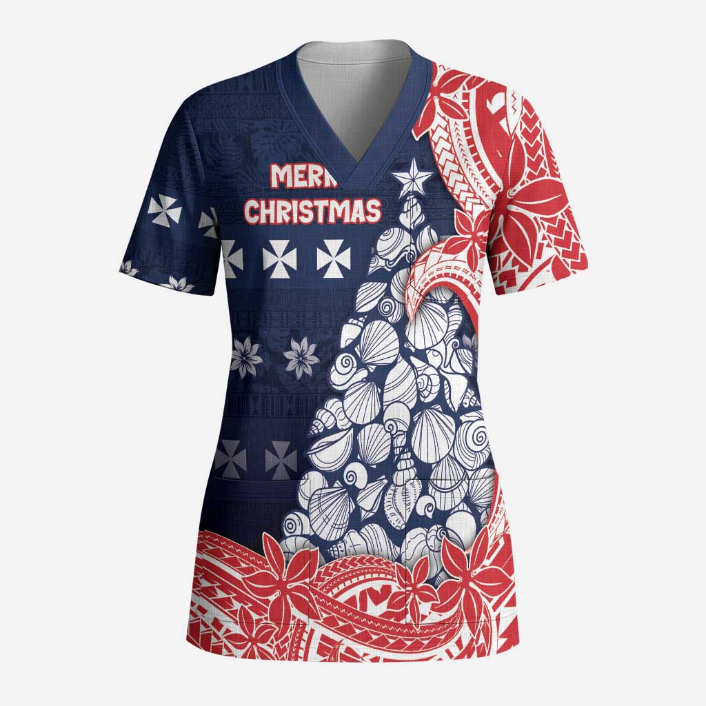 Wallis And Futuna Christmas Scrub Top Seashell Xmas Tree Tribal Waves - Polynesian Pride