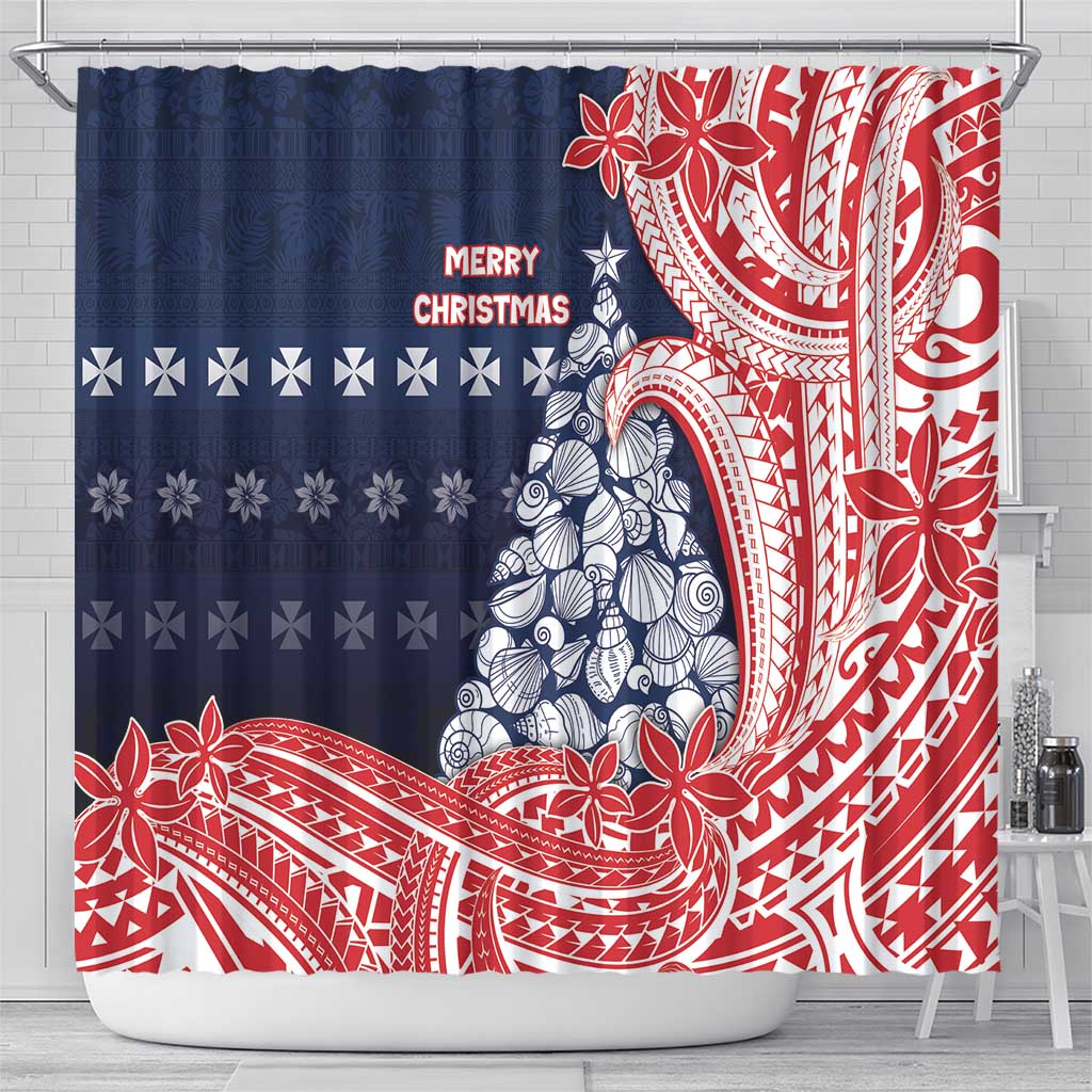 Wallis And Futuna Christmas Shower Curtain Seashell Xmas Tree Tribal Waves - Polynesian Pride