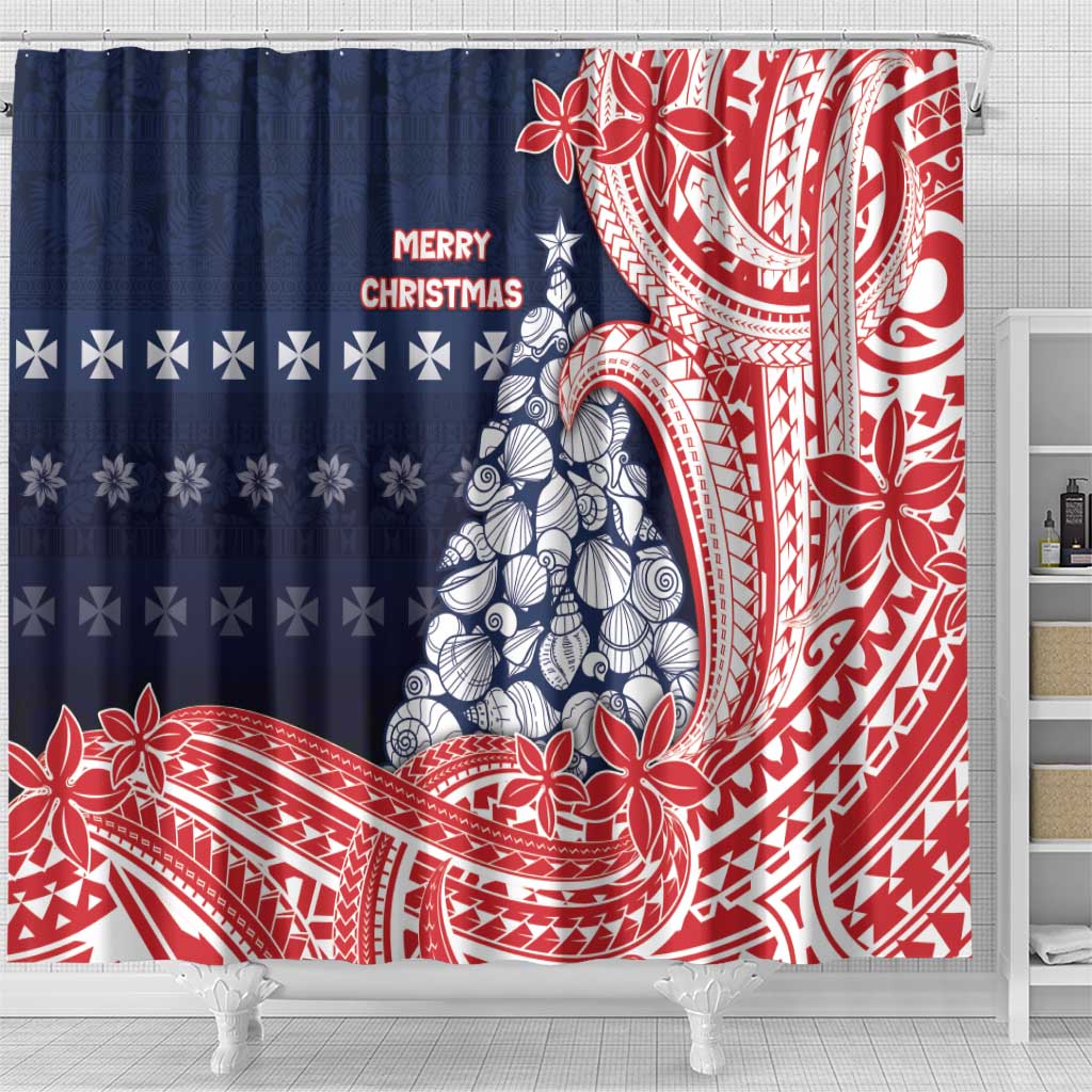 Wallis And Futuna Christmas Shower Curtain Seashell Xmas Tree Tribal Waves - Polynesian Pride