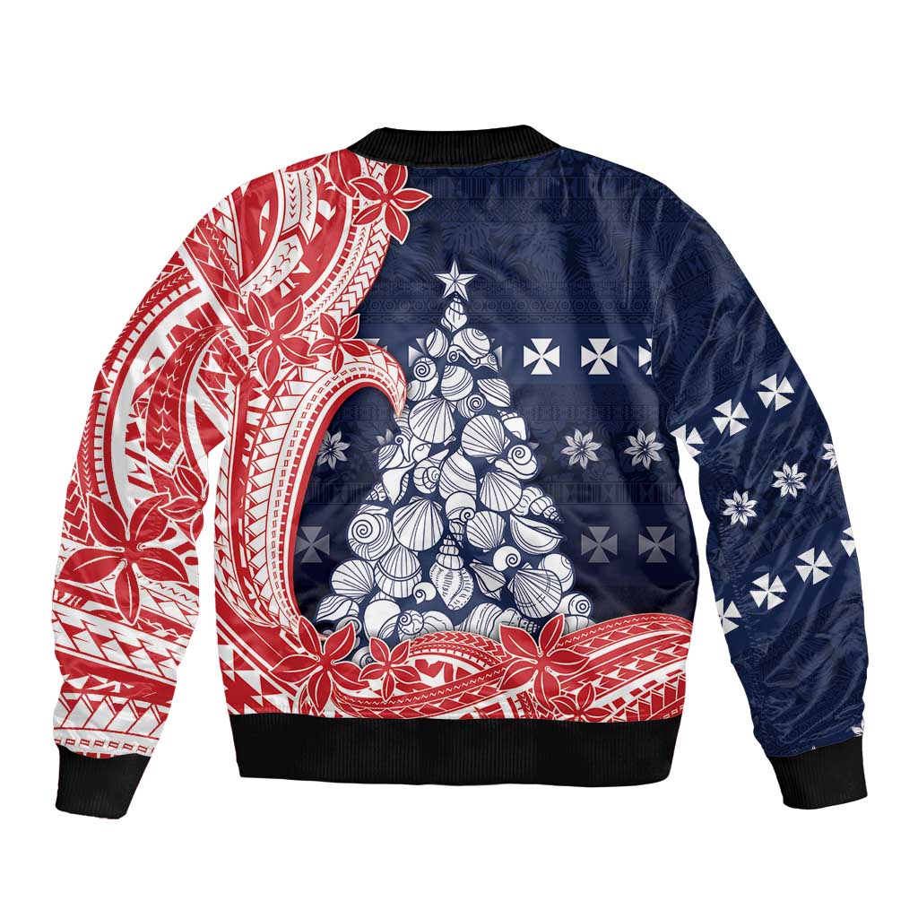 Wallis And Futuna Christmas Sleeve Zip Bomber Jacket Seashell Xmas Tree Tribal Waves - Polynesian Pride