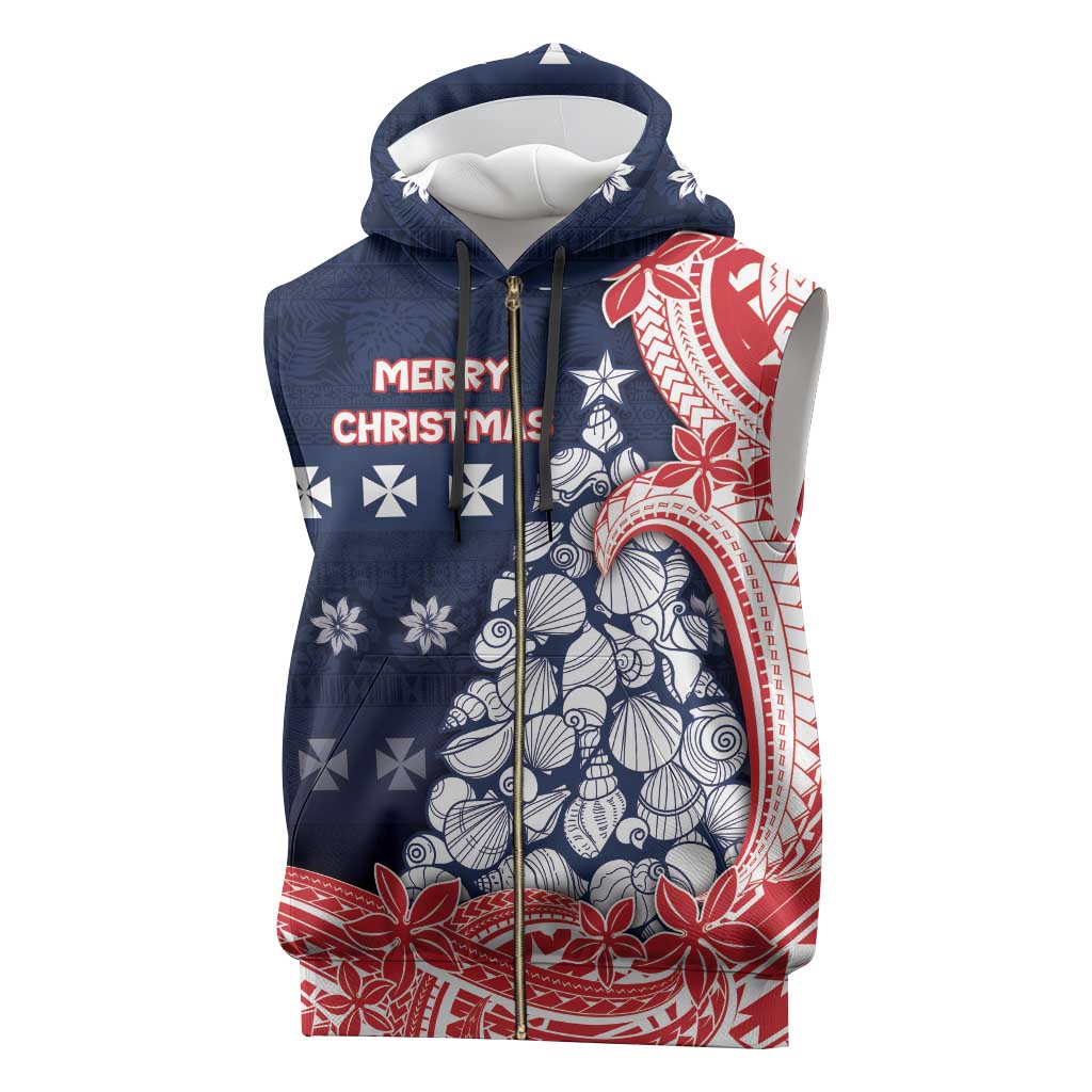 Wallis And Futuna Christmas Sleeveless Zip Hoodie Seashell Xmas Tree Tribal Waves - Polynesian Pride