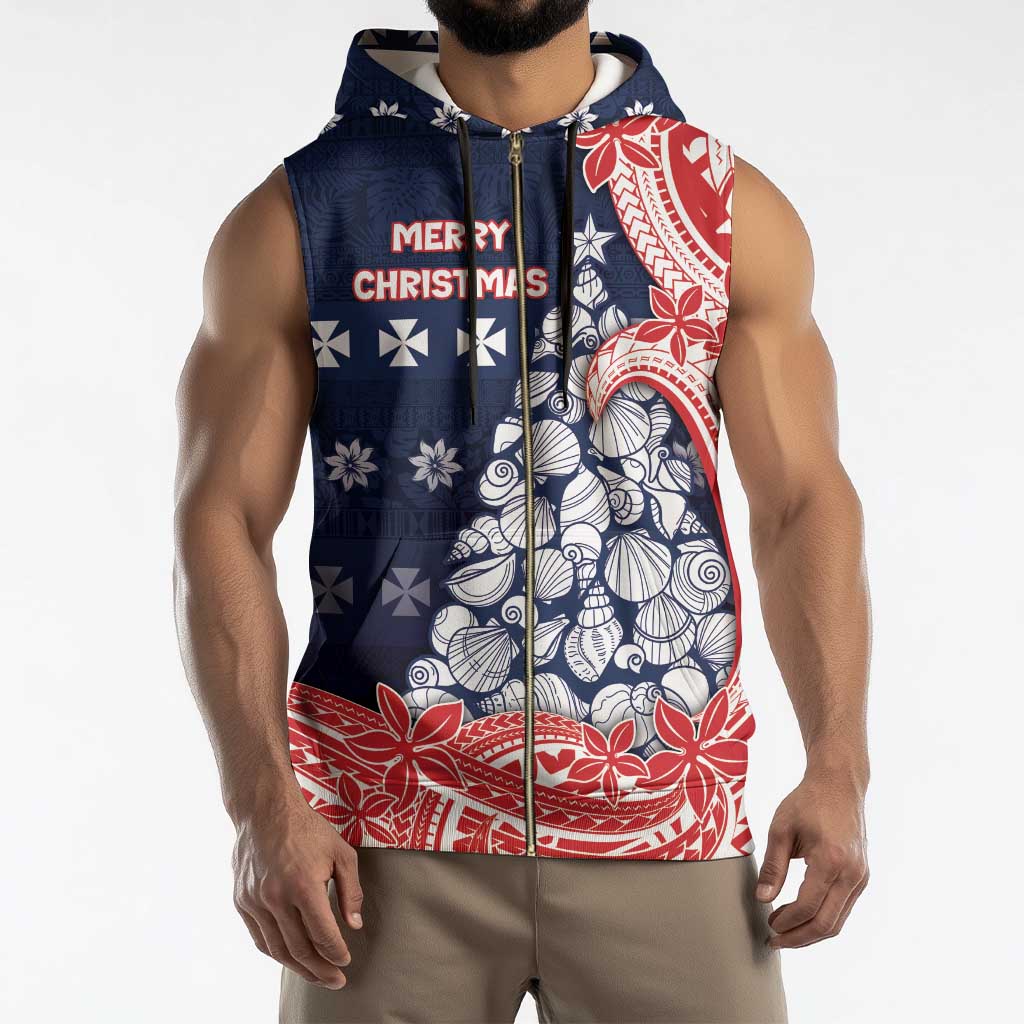 Wallis And Futuna Christmas Sleeveless Zip Hoodie Seashell Xmas Tree Tribal Waves - Polynesian Pride