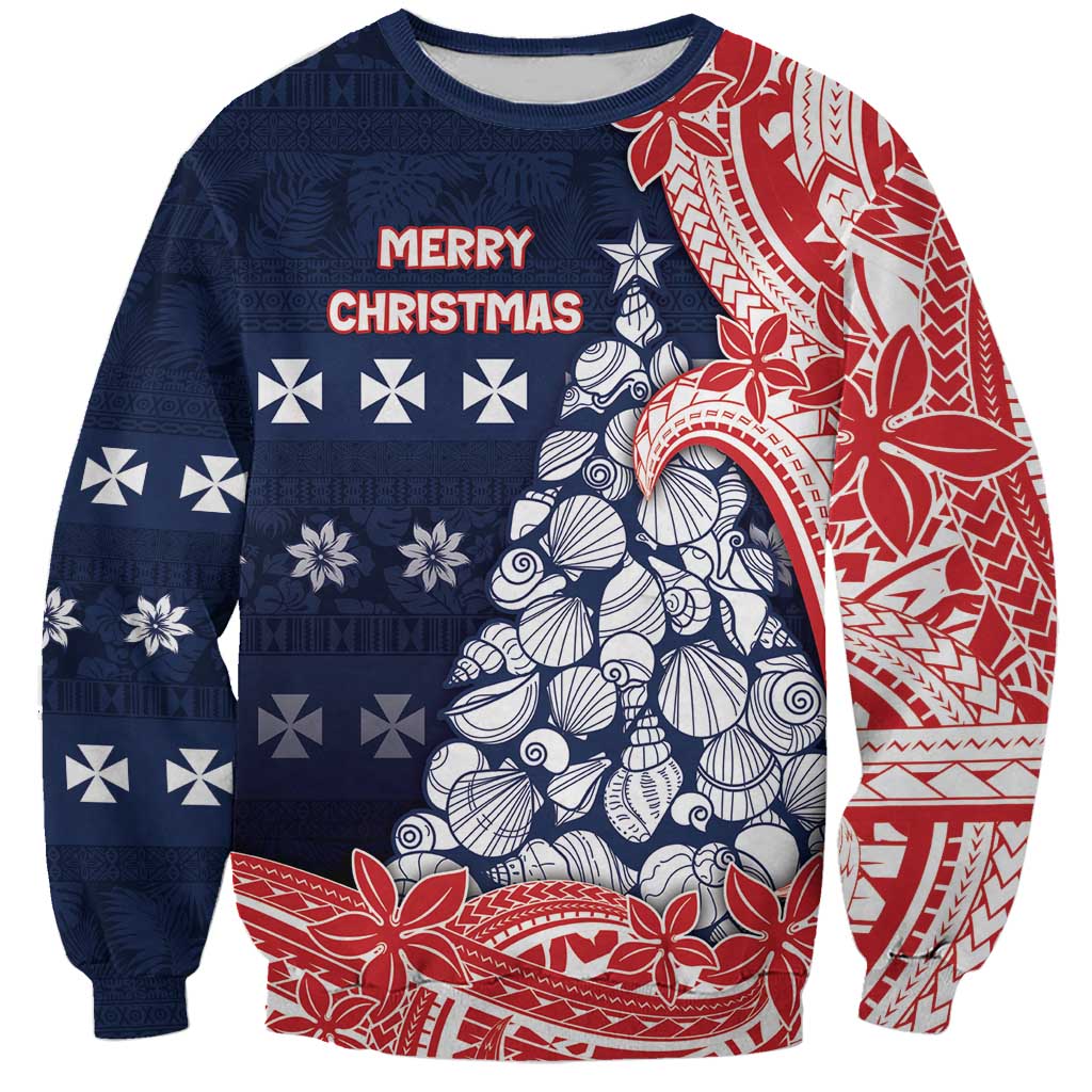 Wallis And Futuna Christmas Sweatshirt Seashell Xmas Tree Tribal Waves - Polynesian Pride