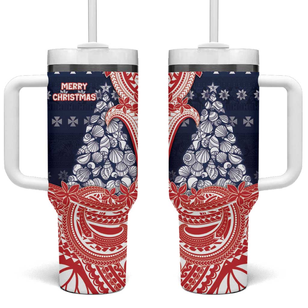 Wallis And Futuna Christmas Tumbler With Handle Seashell Xmas Tree Tribal Waves - Polynesian Pride