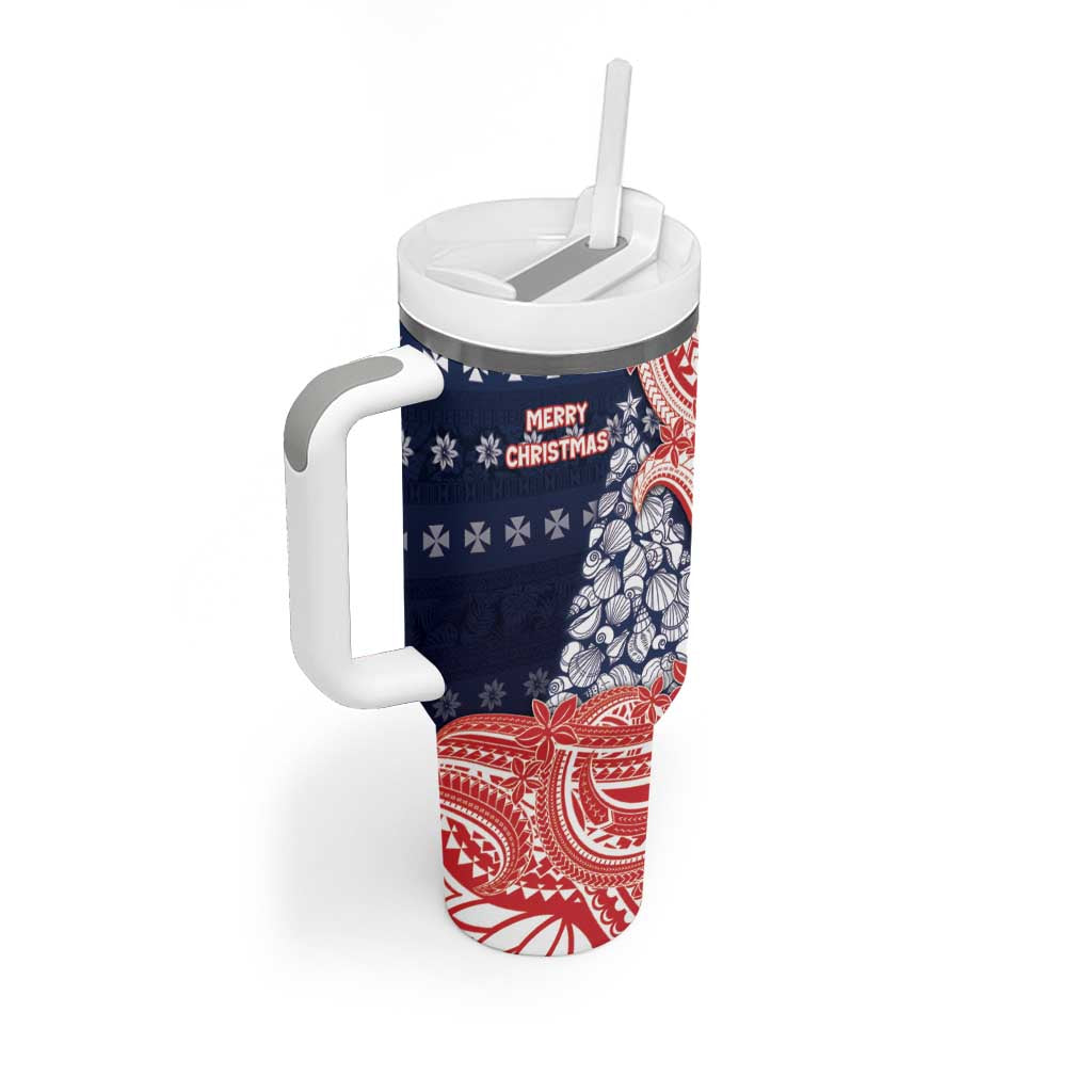 Wallis And Futuna Christmas Tumbler With Handle Seashell Xmas Tree Tribal Waves - Polynesian Pride