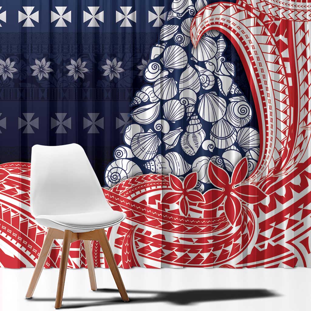 Wallis And Futuna Christmas Window Curtain Seashell Xmas Tree Tribal Waves - Polynesian Pride