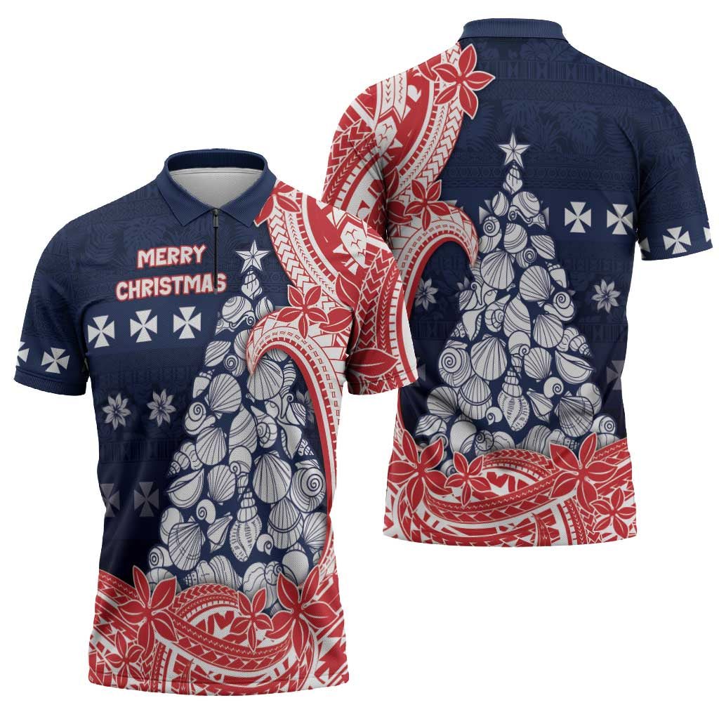 Wallis And Futuna Christmas Zipper Polo Shirt Seashell Xmas Tree Tribal Waves - Polynesian Pride