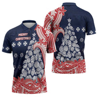 Wallis And Futuna Christmas Zipper Polo Shirt Seashell Xmas Tree Tribal Waves - Polynesian Pride