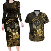 Niue Christmas Couples Matching Long Sleeve Bodycon Dress and Hawaiian Shirt Niuean Crab Xmas Tribal Waves - Polynesian Pride