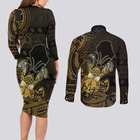 Niue Christmas Couples Matching Long Sleeve Bodycon Dress and Long Sleeve Button Shirt Niuean Crab Xmas Tribal Waves - Polynesian Pride