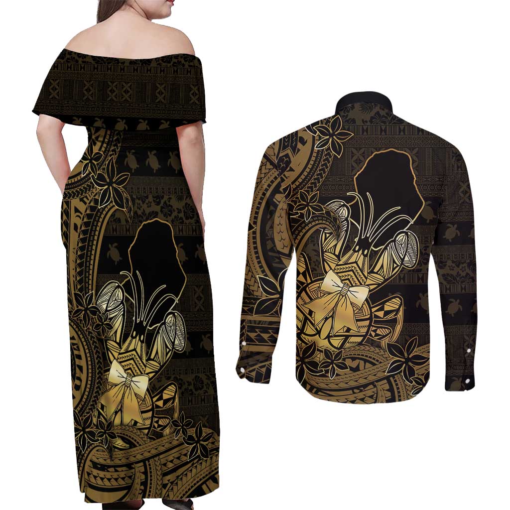 Niue Christmas Couples Matching Off Shoulder Maxi Dress and Long Sleeve Button Shirt Niuean Crab Xmas Tribal Waves - Polynesian Pride